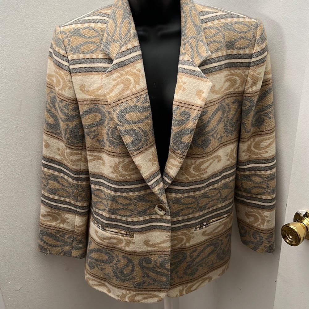 VTG Petite Sophisticate 8 Wool Paisley Bohemian Equestrian Blazer Brown Tan